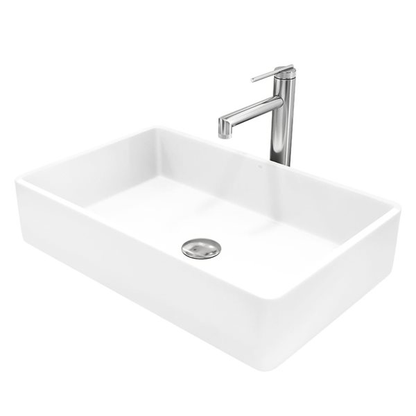 VIGO Magnolia White Matte Stone Rectangular Vessel 21 L x 14-in W Bathroom Sink w/ Chrome Sterling Faucet and Pop-Up Drain