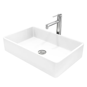 VIGO Magnolia White Matte Stone Rectangular Vessel 21 L x 14-in W Bathroom Sink w/ Chrome Sterling Faucet and Pop-Up Drain