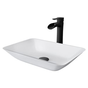 Lavabo-vasque blanc Sottile VIGO 13 l. x 18 po p. en verre rectangle avec robinet/bonde escamotable Niko en noir mat