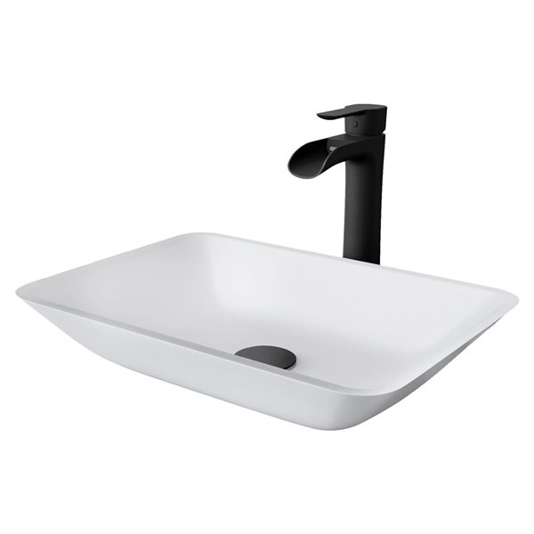 VIGO Sottile 13 W x 18-in D Glass White Rectangle Vessel Bathroom Sink w/ Niko Matte Black Faucet and Pop-Up Drain