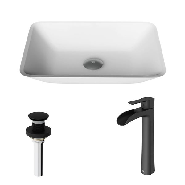 Lavabo-vasque blanc Sottile VIGO 13 l. x 18 po p. en verre rectangle avec robinet/bonde escamotable Niko en noir mat