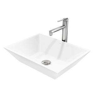 VIGO Vinca White Matte Stone Rectangular Vessel 18 L x 14-in W Bathroom Sink w/ Nickel Sterling Faucet and Pop-Up Drain