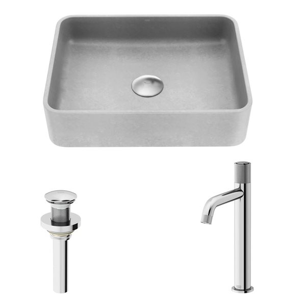 Lavabo-vasque gris Apollo VIGO 12 l. x 16 po p. en pierre Concreto rectangle avec robinet/bonde Apollo en chrome