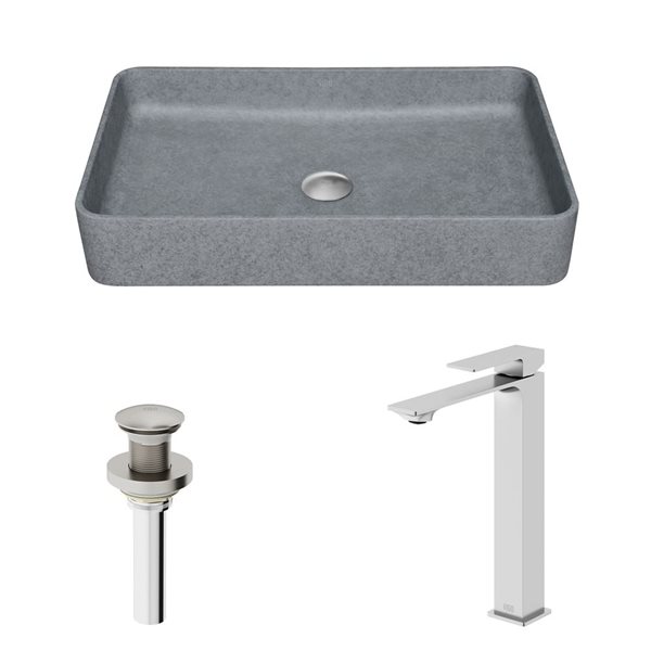 Lavabo-vasque gris Dunn VIGO 14 l. x 19 po p. en pierre Concreto rectangle avec robinet/bonde Dunn en nickel brossé