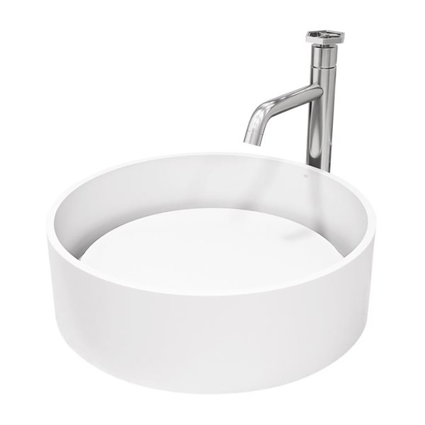 VIGO Anvil White Matte Stone Round Vessel 16-in W Bathroom Sink w/ Chrome Ruxton Faucet and Pop-Up Drain