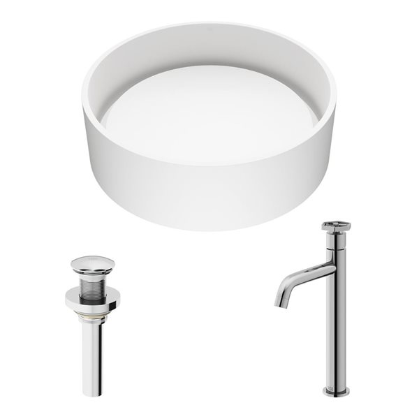 Lavabo vasque rond Anvil VIGO 16 po l. pierre blanche avec robinet Ruxton et bonde à pression chrome