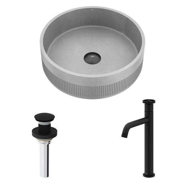 Lavabo-vasque gris Cypress VIGO 16 l. x 16 po p. rond en pierre Concreto avec robinet/bonde escamotable Cass en noir mat