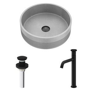 Lavabo-vasque gris Cypress VIGO 16 l. x 16 po p. rond en pierre Concreto avec robinet/bonde escamotable Cass en noir mat