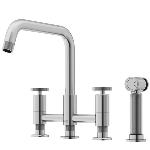 VIGO Cass Stainless Steel 2-Handle Deck-Mount Pull-Down Kitchen Faucet w/ Pull-Out Sprayer