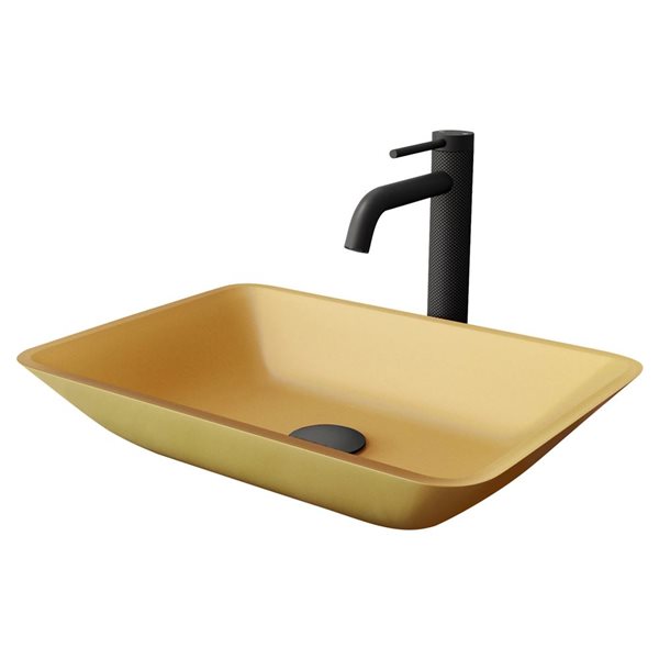 Lavabo-vasque doré Sottile VIGO 13 l. x 18 po p. en verre rectangle avec robinet/bonde escamotable Lexington en noir mat