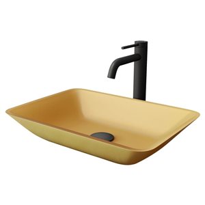 VIGO Sottile 13 W x 18-in D Glass Gold Rectangle Vessel Bathroom Sink w/ Lexington Matte Black Faucet and Pop-Up Drain