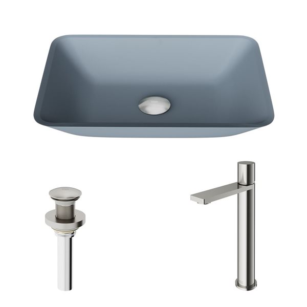 VIGO Sottile 13 W x 18-in D Glass Blue Rectangle Vessel Bathroom Sink w/ Gotham Brushed Nickel Faucet and Drain