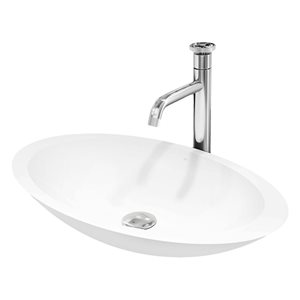 Lavabo vasque ovale Wisteria VIGO 23 L x 14 po l. pierre blanche avec robinet Cass et bonde à pression chrome