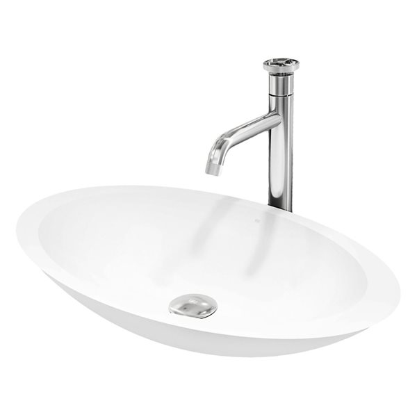 VIGO Wisteria White Matte Stone Oval Vessel 23 L x 14-in W Bathroom Sink w/ Chrome Cass Faucet and Pop-Up Drain