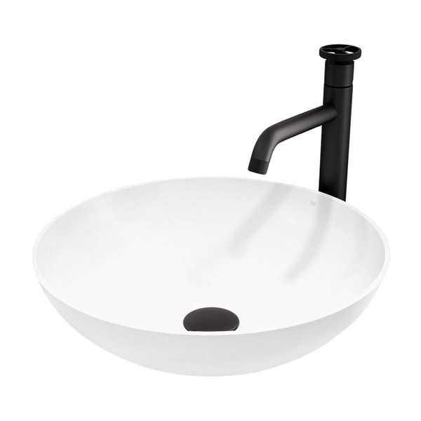 VIGO Lotus White Matte Stone Round Vessel 16-in W Bathroom Sink w/ Matte Black Cass Faucet and Pop-Up Drain