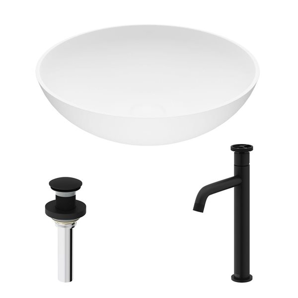 Lavabo vasque rond Lotus VIGO 16 po l. pierre blanche avec robinet Cass et bonde à pression noir mat   