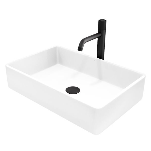 VIGO Magnolia White Matte Stone Rectangular Vessel 21 L x 14-in W Bathroom Sink w/ Matte Black Apollo Faucet and Pop-Up Drain