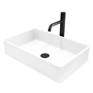 VIGO Magnolia White Matte Stone Rectangular Vessel 21 L x 14-in W Bathroom Sink w/ Matte Black Apollo Faucet and Pop-Up Drain