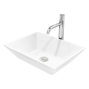 VIGO Vinca White Matte Stone Rectangular Vessel 18 L x 14-in W Bathroom Sink w/ Chrome Apollo Faucet and Pop-Up Drain