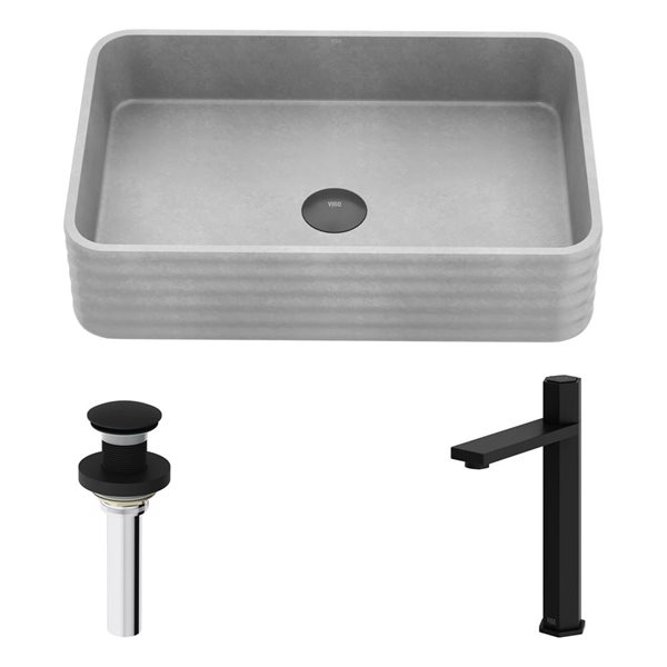 Lavabo-vasque gris Cadman VIGO 14 l. x 21 po p. en pierre Concreto rectangle avec robinet/bonde Nova en noir mat