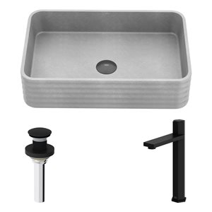 VIGO Cadman 14 W x 21-in D Grey Concreto Stone Rectangle Vessel Bathroom Sink w/ Nova Matte Black Faucet and Drain