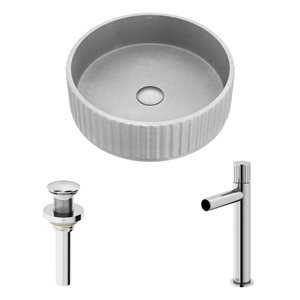 Lavabo-vasque gris Windsor VIGO 16 l. x 16 po p. rond en pierre Concreto à robinet/bonde escamotable Ashford en chrome