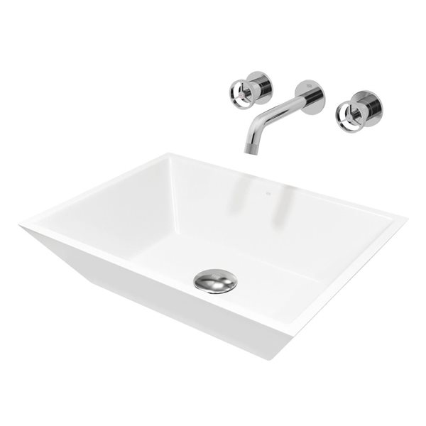 Lavabo-vasque blanc Vinca VIGO 14 l. x 18 po p. en MatteStone rectangle avec robinet/bonde escamotable Cass en chrome