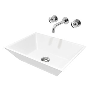 VIGO Vinca 14 W x 18-in D White MatteStone Rectangle Vessel Bathroom Sink w/ Cass Chrome Faucet and Pop-Up Drain