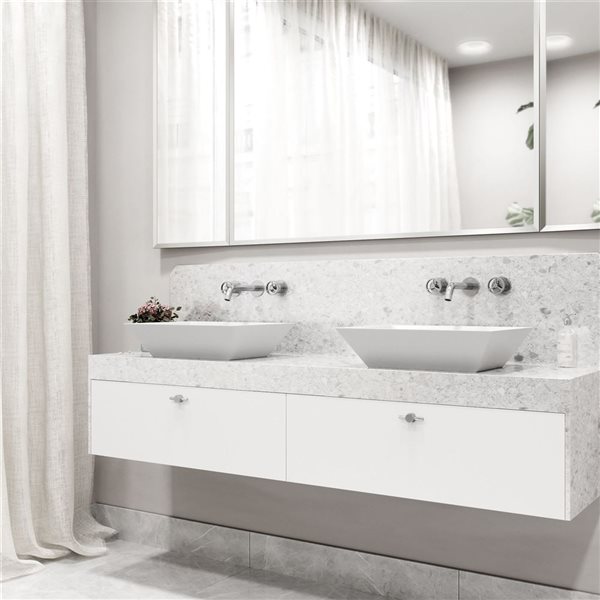 Lavabo-vasque blanc Vinca VIGO 14 l. x 18 po p. en MatteStone rectangle avec robinet/bonde escamotable Cass en chrome