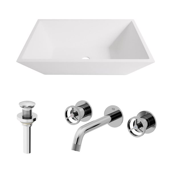 Lavabo-vasque blanc Vinca VIGO 14 l. x 18 po p. en MatteStone rectangle avec robinet/bonde escamotable Cass en chrome