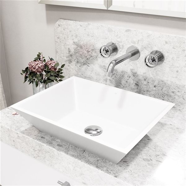 Lavabo-vasque blanc Vinca VIGO 14 l. x 18 po p. en MatteStone rectangle avec robinet/bonde escamotable Cass en chrome