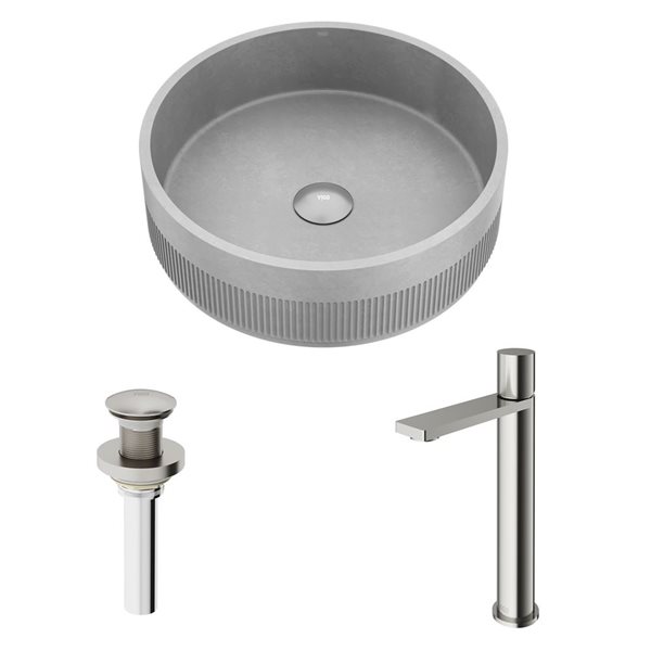 Lavabo-vasque gris Cypress VIGO 16 l. x 16 po p. rond en pierre Concreto avec robinet/bonde Gotham en nickel brossé