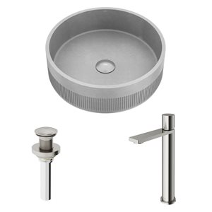 Lavabo-vasque gris Cypress VIGO 16 l. x 16 po p. rond en pierre Concreto avec robinet/bonde Gotham en nickel brossé