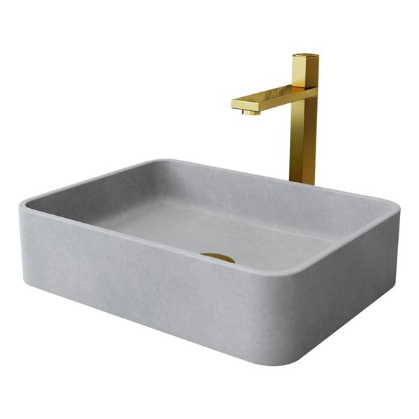 VIGO Nova 12 W x 16-in D Grey Concreto Stone Rectangle Vessel Bathroom Sink w/ Nova Matte Gold Faucet and Drain