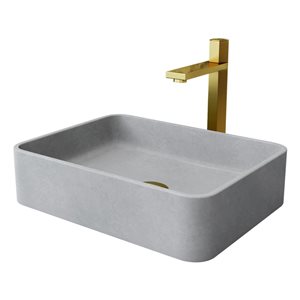 VIGO Nova 12 W x 16-in D Grey Concreto Stone Rectangle Vessel Bathroom Sink w/ Nova Matte Gold Faucet and Drain