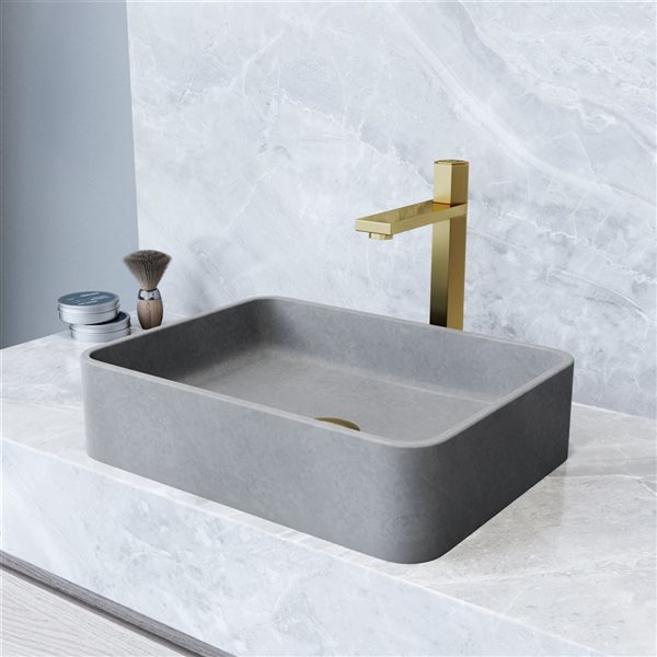 Lavabo-vasque gris Nova VIGO 12 l. x 16 po p. en pierre Concreto rectangle avec robinet/bonde Nova en or mat