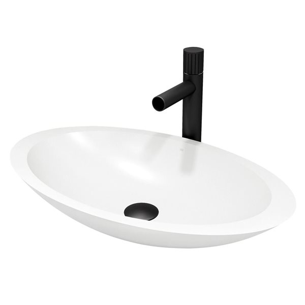 Lavabo-vasque blanc Wisteria VIGO 14 l. x 23 po p. en MatteStone ovale avec robinet/bonde Ashford en noir mat