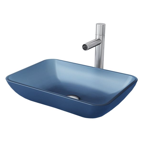 Lavabo-vasque bleu Sottile VIGO 13 l. x 18 po p. en verre rectangle avec robinet/bonde Ashford en chrome