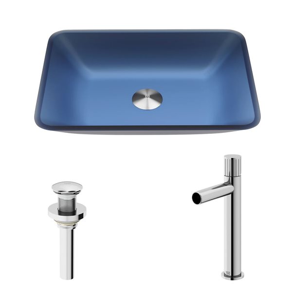 Lavabo-vasque bleu Sottile VIGO 13 l. x 18 po p. en verre rectangle avec robinet/bonde Ashford en chrome