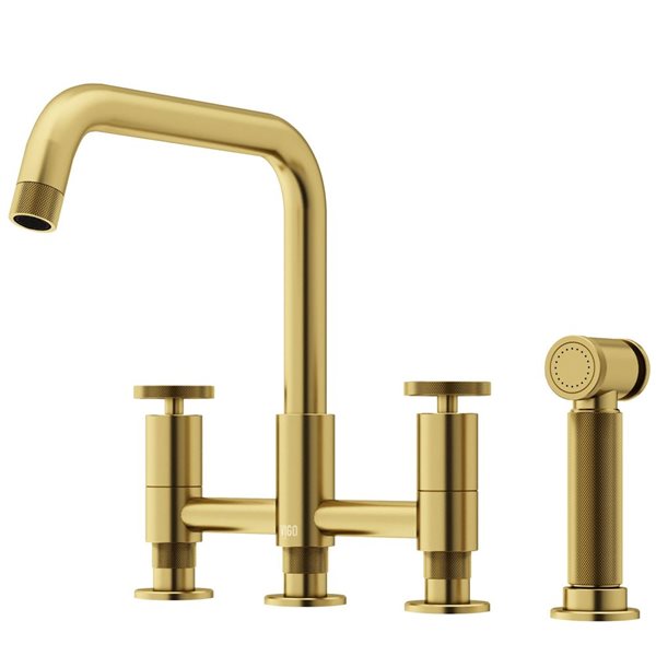 VIGO Cass Brushed Gold 2-Handle Deck-Mount Pull-Down Kitchen Faucet w/ Pull-Out Sprayer