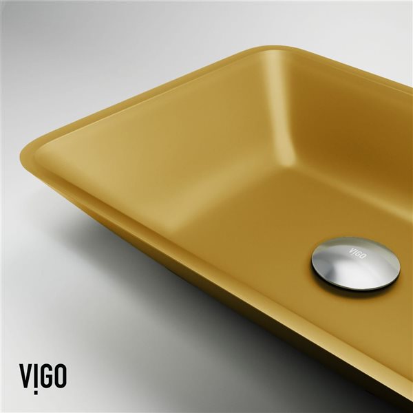 Lavabo-vasque doré Sottile VIGO 13 l. x 18 po p. en verre rectangle avec robinet/bonde escamotable Norfolk en or mat