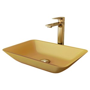 VIGO Sottile 13 W x 18-in D Glass Gold Rectangle Vessel Bathroom Sink w/ Norfolk Matte Gold Faucet and Pop-Up Drain