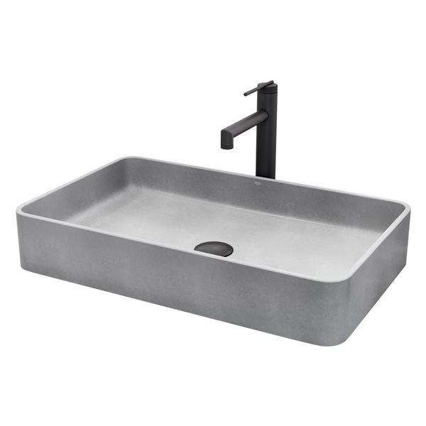 VIGO Sterling 14 W x 23-in D Grey Concreto Stone Rectangle Vessel Bathroom Sink w/ Sterling Matte Black Faucet and Drain