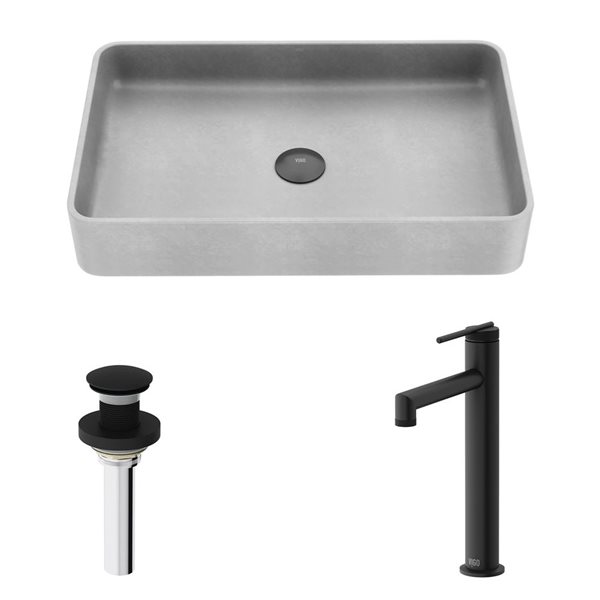 Lavabo-vasque gris Sterling VIGO 14 l. x 23 po p. en pierre Concreto rectangle avec robinet/bonde Sterling en noir mat