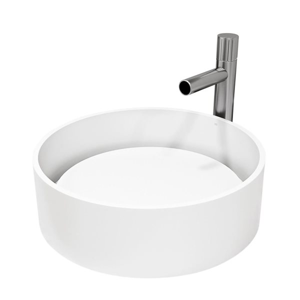 VIGO Anvil 16 W x 16-in D White MatteStone Round Vessel Bathroom Sink w/ Ashford Brushed Nickel Faucet and Drain