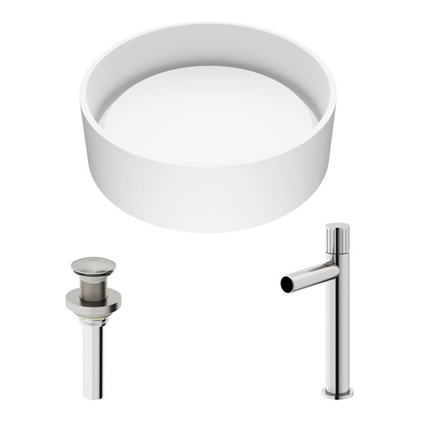 Lavabo-vasque blanc Anvil VIGO 16 l. x 16 po p. rond en MatteStone avec robinet/bonde Ashford en nickel brossé