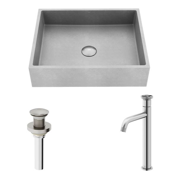 VIGO Coca 15 W x 19-in D Grey Concreto Stone Rectangle Vessel Bathroom Sink w/ Cass Brushed Nickel Faucet/Drain