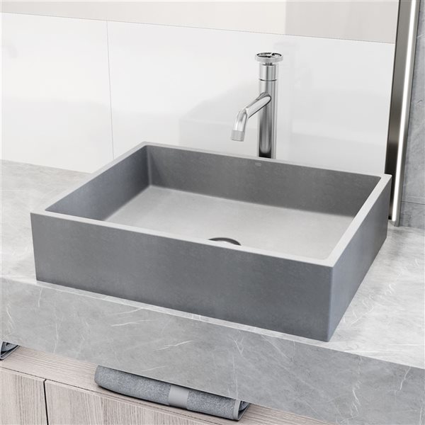 VIGO Coca 15 W x 19-in D Grey Concreto Stone Rectangle Vessel Bathroom Sink w/ Cass Brushed Nickel Faucet/Drain