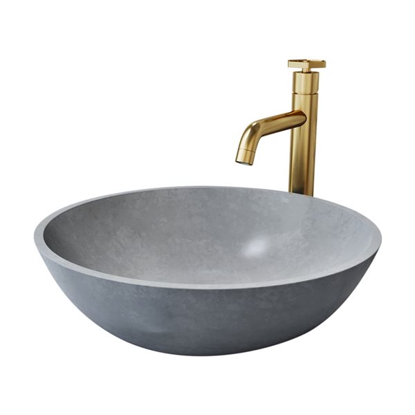 Lavabo-vasque gris Ruxton VIGO 16 l. x 16 po p. rond en pierre Concreto avec robinet/bonde escamotable Ruxton en or mat