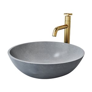 Lavabo-vasque gris Ruxton VIGO 16 l. x 16 po p. rond en pierre Concreto avec robinet/bonde escamotable Ruxton en or mat